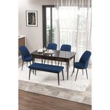 Canisa Concept Zen Serisi 80x132 cm Benchli Siyah Mermer Desen Açılabilir Mdf Lacivert Mutfak Masası Takımı