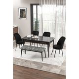 Canisa Concept Zen Serisi 80x132 cm Benchli Siyah Mermer Desen Açılabilir Mdf Mat Siyah Mutfak Masası Takımı