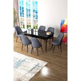 Canisa Concept Zen Serisi Açılabilir Siyah Mermer Desenli Masa, 80x132 cm, 6 Füme Sandalye Seti