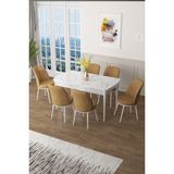 Canisa Concept Zen Serisi Mdf Açılabilir Mutfak Masası Takımı ,beyaz Mermer Desen Masa + 6 Adet Sandalye - Cappucino