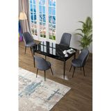 Canisa Concept Zen Serisi Mdf Açılabilir Siyah Mermer Desenli Mutfak Masası Takımı + 4 Füme Sandalye