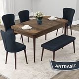 Canisa Due Serisi 80x132 Açılabilir Barok Ahşap Desen Mutfak Masası Takımı ve 4 Antrasit Sandalye ve Antrasit 1 Bench