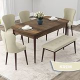 Canisa Due Serisi 80x132 Açılabilir Barok Ahşap Desen Mutfak Masası Takımı ve 4 Krem Sandalye ve Krem 1 Bench
