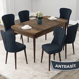 Canisa Due Serisi 80x132 Açılabilir Barok Ahşap Desen Mutfak Masası Takımı ve 6 Adet Antrasit Sandalye