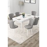 Canisa Due Serisi 80x132 Açılabilir Beyaz Mermer Desen Mutfak Masası Takımı 6 Gri Sandalye