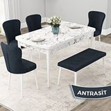 Canisa Due Serisi 80x132 Açılabilir Beyaz Mermer Desen Mutfak Masası Takımı ve 4 Antrasit Sandalye ve Antrasit 1 Bench