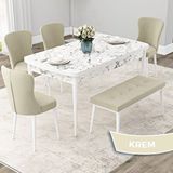 Canisa Due Serisi 80x132 Açılabilir Beyaz Mermer Desen Mutfak Masası Takımı ve 4 Krem Sandalye ve Krem 1 Bench