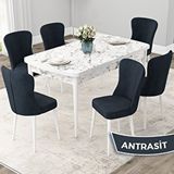 Canisa Due Serisi 80x132 Açılabilir Beyaz Mermer Desen Mutfak Masası Takımı ve 6 Adet Antrasit Sandalye