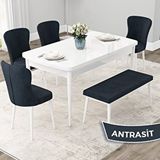 Canisa Due Serisi 80x132 Açılabilir Beyaz Mutfak Masası Takımı ve 4 Antrasit Sandalye ve Antrasit 1 Bench