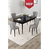 Canisa Due Serisi 80x132 Mdf Açılabilir Siyah Mermer Desen Yemek Odası Masa Takımı Ve 4 Gri Sandalye