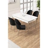 Canisa Edaf Serisi 80x132 cm Açılabilir Beyaz Mutfak Masa Takımı, 4 Siyah Sandalye, Krom Ayak