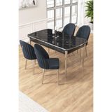 Canisa Edaf Serisi 80x132 cm Açılabilir Siyah Mermer Desen Mutfak Masa Takımı, 4 Antrasit Sandalye, Krom Ayak