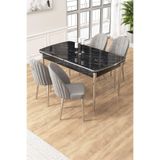 Canisa Edaf Serisi 80x132 cm Açılabilir Siyah Mermer Desen Mutfak Masa Takımı, 4 Gri Sandalye, Krom Detay