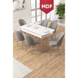 Canisa Edaf Serisi 80x132 MDF Açılabilir Beyaz Mutfak Masa Takımı 6 Gri Sandalye Krom Detay