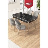 Canisa Edaf Serisi 80x132 Mdf Açılabilir Siyah Mermer Desen Mutfak Masa Takımı 4 Gri Sandalye Krom Detay