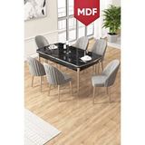 Canisa Edaf Serisi 80x132 Mdf Açılabilir Siyah Mermer Desen Mutfak Masa Takımı 6 Gri Sandalye Krom Detay