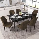 Canisa Ege Serisi 70x114 Açılabilir Siyah Mermer Desen Mutfak Masa Takımı Ve 6 Kahverengi Sandalye
