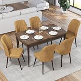 Canisa Ege Serisi Açılabilir 70x114 Barok Ahşap Desen Mutfak Masası Takımı Ve 6 Antrasit Sandalye Kahverengi