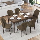 Canisa Ege Serisi Açılabilir 70x114 Barok Ahşap Desen Mutfak Masası Takımı Ve 6 Gri Sandalye Kahverengi