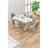 Canisa Ela Serisi Beyaz Mermer Desen Gold Ayak Mutfak Masa Takımı, 6 Gri Sandalye, 168 x 90 cm