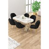 Canisa Ela Serisi Beyaz Mermer Desen Gold Ayak Mutfak Masa Takımı, 6 Siyah Sandalye, 90 x 168 cm