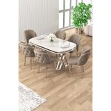 Canisa Ela Serisi Beyaz Mermer Desen Krom Ayak Masa Takımı, 90 x 168 cm, 6 Cappucino Sandalye