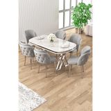 Canisa Ela Serisi Beyaz Mermer Desen Masa Takımı, Krom Ayak, 6 Gri Sandalye, 90 x 168 cm