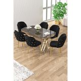 Canisa Ela Serisi Lak Panel Antrasit Ironi Gold Ayak Masa Takımı, 90 x 168 cm, 6 Siyah Sandalye