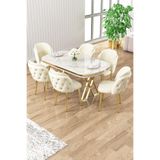 Canisa Ela Serisi Lak Panel Beyaz Mermer Desen Gold Ayak Mutfak Masa Takımı, 6 Krem Sandalye, 90 x 168 cm