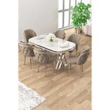 Canisa Ela Serisi Lak Panel Beyaz Mermer Desen Krom Ayak Masa Takımı 6 Cappucino Sandalye
