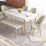 Canisa Elf Serisi 80x132 Açılabilir Beyaz Doğal Ahşap Ayak Masa Takımı 4 Krem Sandalye ve Krem 1 Bench