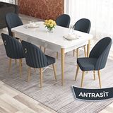 Canisa Elf Serisi 80x132 Açılabilir Beyaz Doğal Ahşap Ayak Masa Takımı ve 6 Adet Antrasit Sandalye