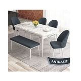 Canisa Elf Serisi 80x132 Açılabilir Beyaz Mermer Desen Masa Takımı ve 4 Adet Antrasit Sandalye ve 1 Antrasit Bench