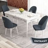 Canisa Elf Serisi 80x132 Açılabilir Beyaz Mermer Desen Masa Takımı ve 4 Adet Antrasit Sandalye