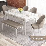 Canisa Elf Serisi 80x132 Açılabilir Beyaz Mermer Desen Masa Takımı ve 4 Adet Cappucino Sandalye ve 1 Cappucino Bench