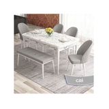 Canisa Elf Serisi 80x132 Açılabilir Beyaz Mermer Desen Masa Takımı ve 4 Adet Gri Sandalye ve 1 Gri Bench