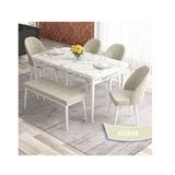 Canisa Elf Serisi 80x132 Açılabilir Beyaz Mermer Desen Masa Takımı ve 4 Adet Krem Sandalye ve 1 Krem Bench