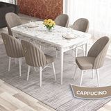 Canisa Elf Serisi 80x132 Açılabilir Beyaz Mermer Desen Masa Takımı ve 6 Adet Cappucino Sandalye