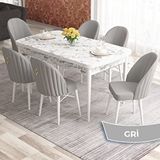 Canisa Elf Serisi 80x132 Açılabilir Beyaz Mermer Desen Masa Takımı ve 6 Adet Gri Sandalye