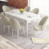 Canisa Elf Serisi 80x132 Açılabilir Beyaz Mermer Desen Masa Takımı ve 6 Adet Krem Sandalye