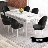 Canisa Elf Serisi 80x132 Açılabilir Beyaz Mermer Desen Masa Takımı ve 6 Adet Siyah Sandalye