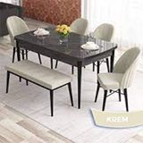 Canisa Elf Serisi 80x132 Açılabilir Siyah Mermer Desen Masa Takımı 4 Krem Sandalye ve Krem 1 Bench