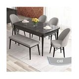Canisa Elf Serisi 80x132 Açılabilir Siyah Mermer Desen Masa Takımı ve 4 Adet Gri Sandalye ve 1 Gri Bench