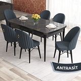 Canisa Elf Serisi 80x132 Açılabilir Siyah Mermer Desen Masa Takımı ve 6 Adet Antrasit Sandalye
