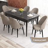 Canisa Elf Serisi 80x132 Açılabilir Siyah Mermer Desen Masa Takımı ve 6 Adet Cappucino Sandalye