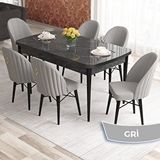 Canisa Elf Serisi 80x132 Açılabilir Siyah Mermer Desen Masa Takımı ve 6 Adet Gri Sandalye