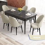 Canisa Elf Serisi 80x132 Açılabilir Siyah Mermer Desen Masa Takımı ve 6 Adet Krem Sandalye