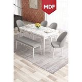 Canisa Elf Serisi 80x132 Mdf Açılabilir Beyaz Mermer Desen Mutfak Masası Takımı 4 Gri Sandalye 1 Bench