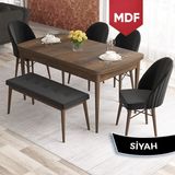 Canisa Elf Serisi MDF 80X132 Açılabilir Barok Ahşap Desen Mutfak Masa Takımı 4 Sandalye 1 Bench Gold Halkalı - Siyah