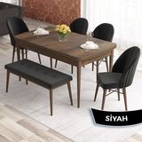 Canisa Elf Serisi MDF 80X132 Açılabilir Barok Ahşap Desen Mutfak Masa Takımı 4 Sandalye 1 Bench Gold Halkalı - Siyah